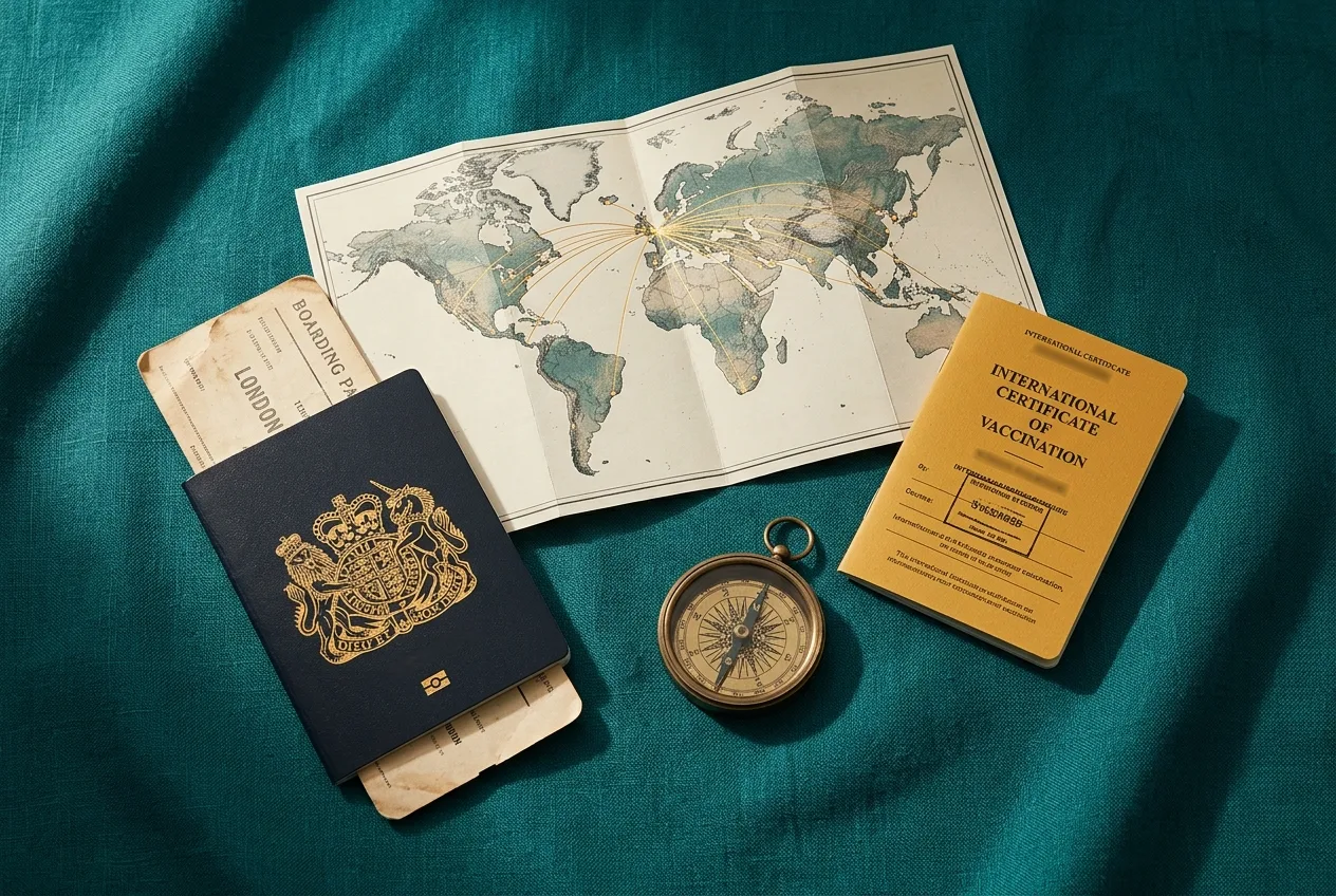 British passport, boarding pass, compass, world map with gold routes and an international vaccination certificate laid out on teal linen
